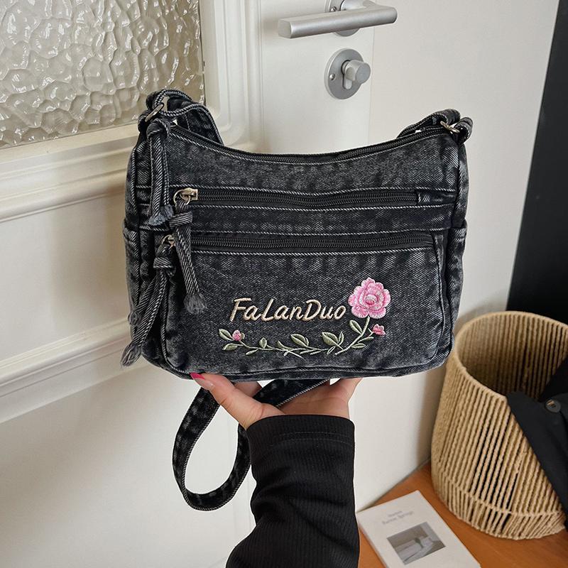 Jeansowa Haftowana Torba na Ramię Damska Torebka Miejska Torba Crossbody