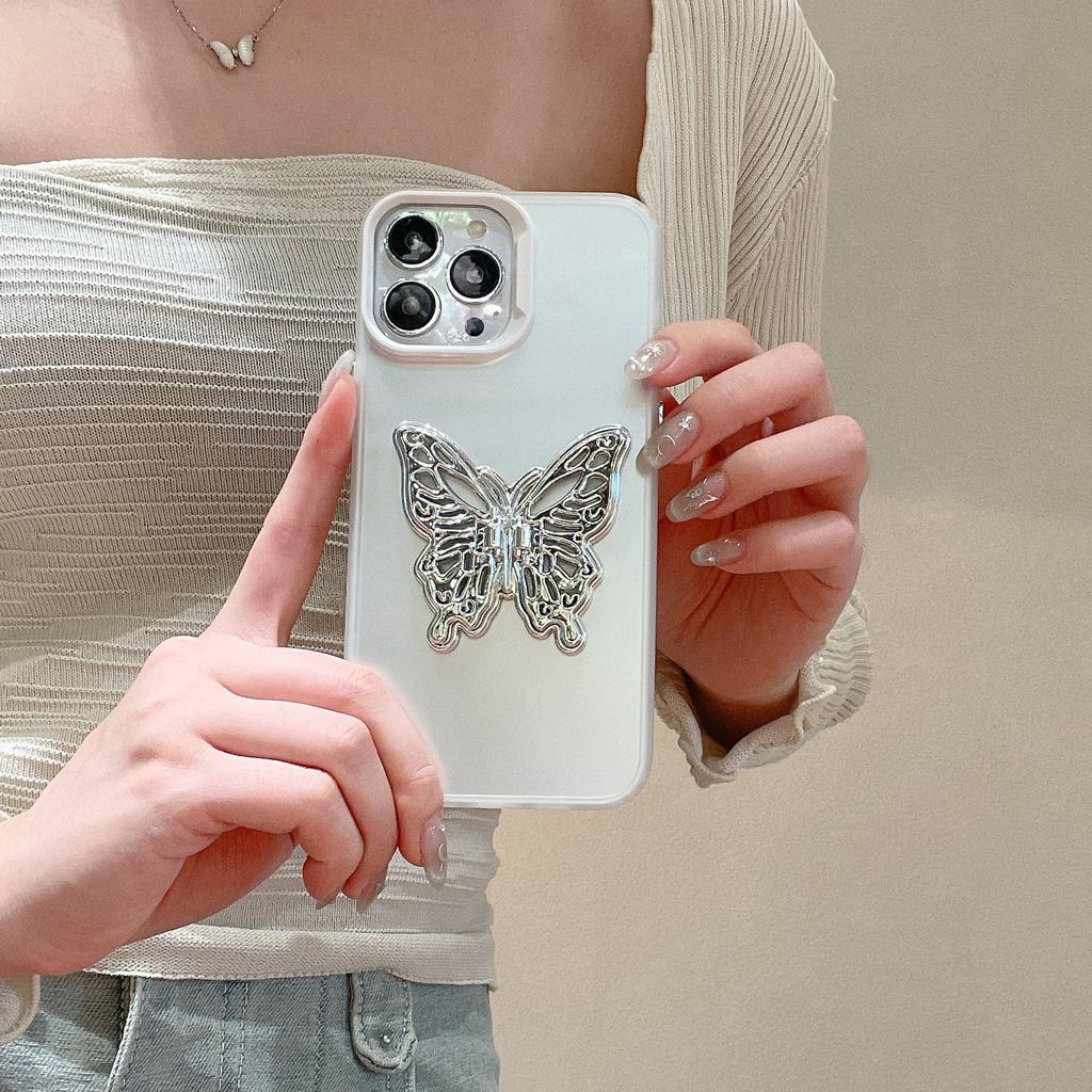 ins induction plating solid color for iPhone17promax Apple 16 mobile phone case butterfly holder 15/14PM13