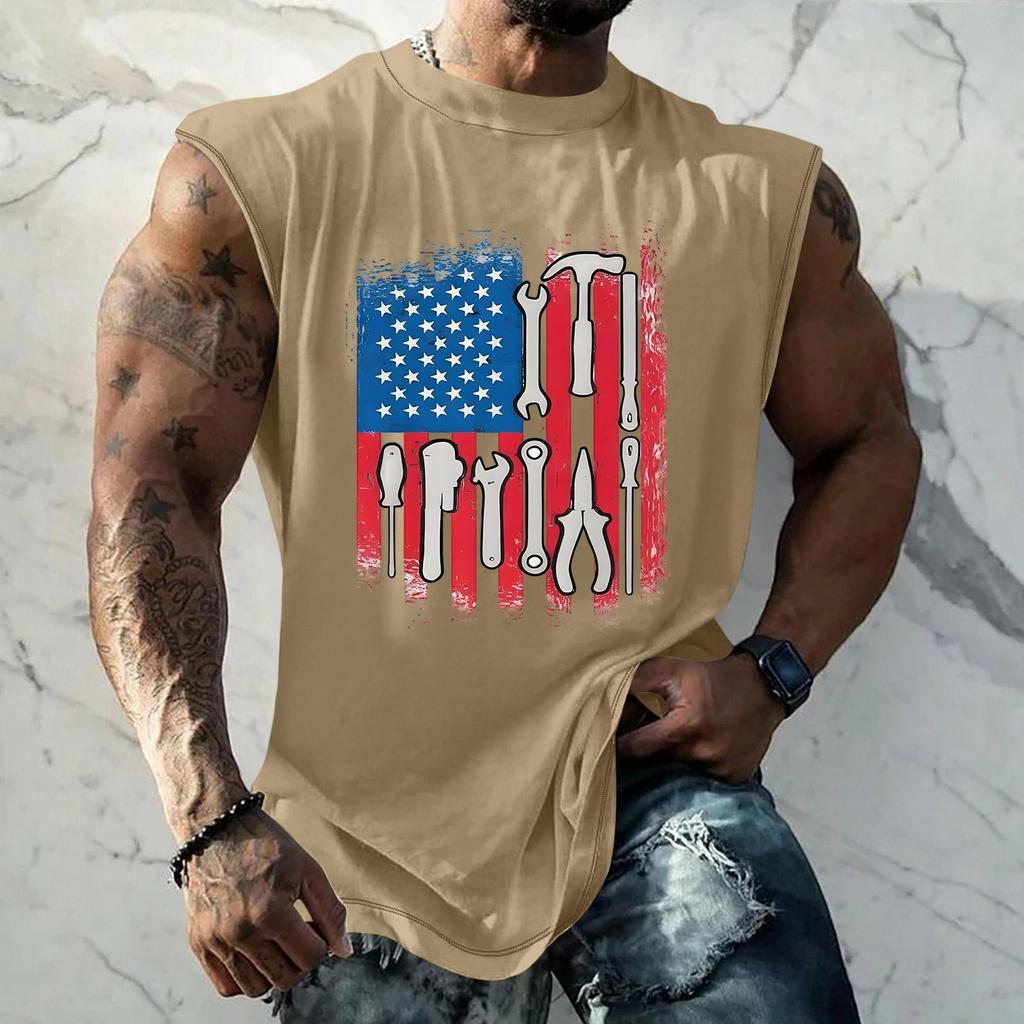 Men's Loose Fit Sleeveless Tank Top Casual Sportswear Muscle Shirt with Tool Print Graphic for Labor Day Outdoor Activities