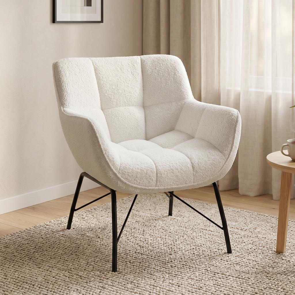 Modern Lounge Chair, Sherpa Fleece Chair with Curved Backrest, Integrated Armrests, Metal Legs, Cream White