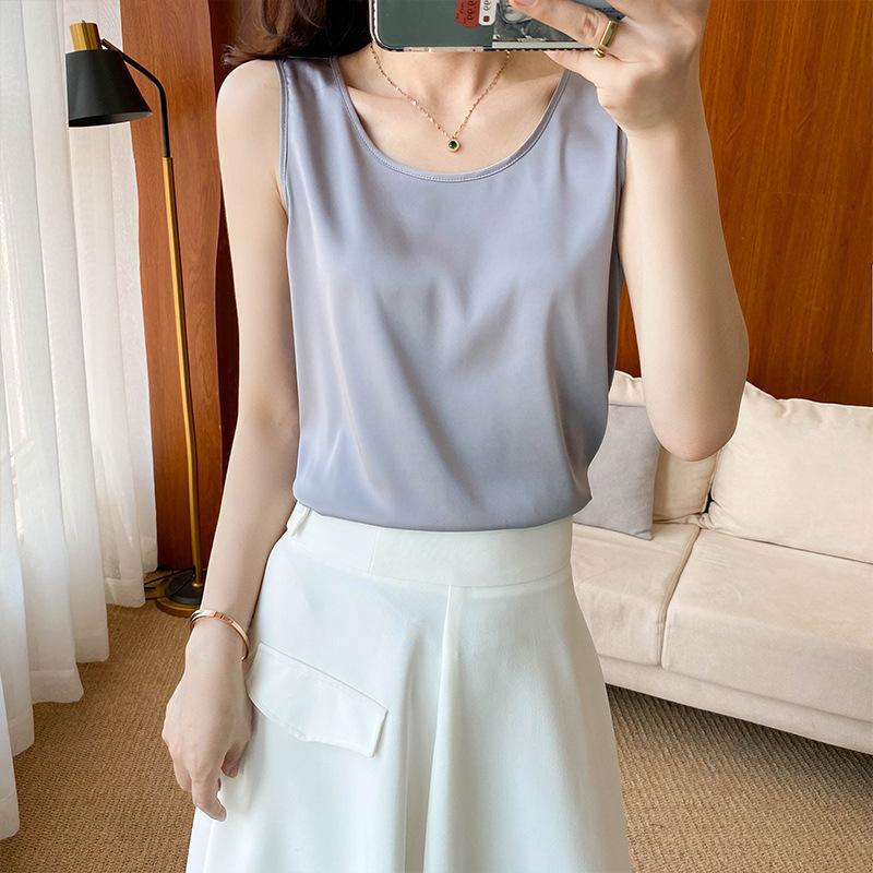 VEZFAA Women's Fashion Solid Color Print Casual Summer Spring Sleeveless U-Neck Blouses & Shirts