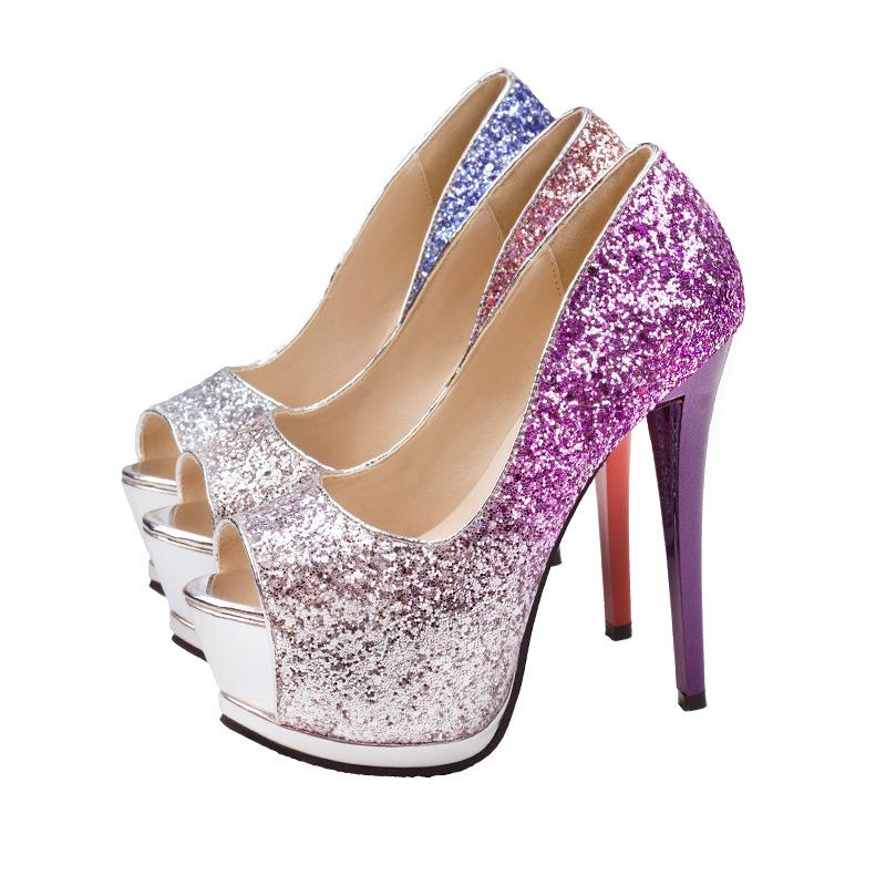 A fashion sequins gradual change wedding shoes super high heel waterproof table stiletto high heels single shoes women's shoes