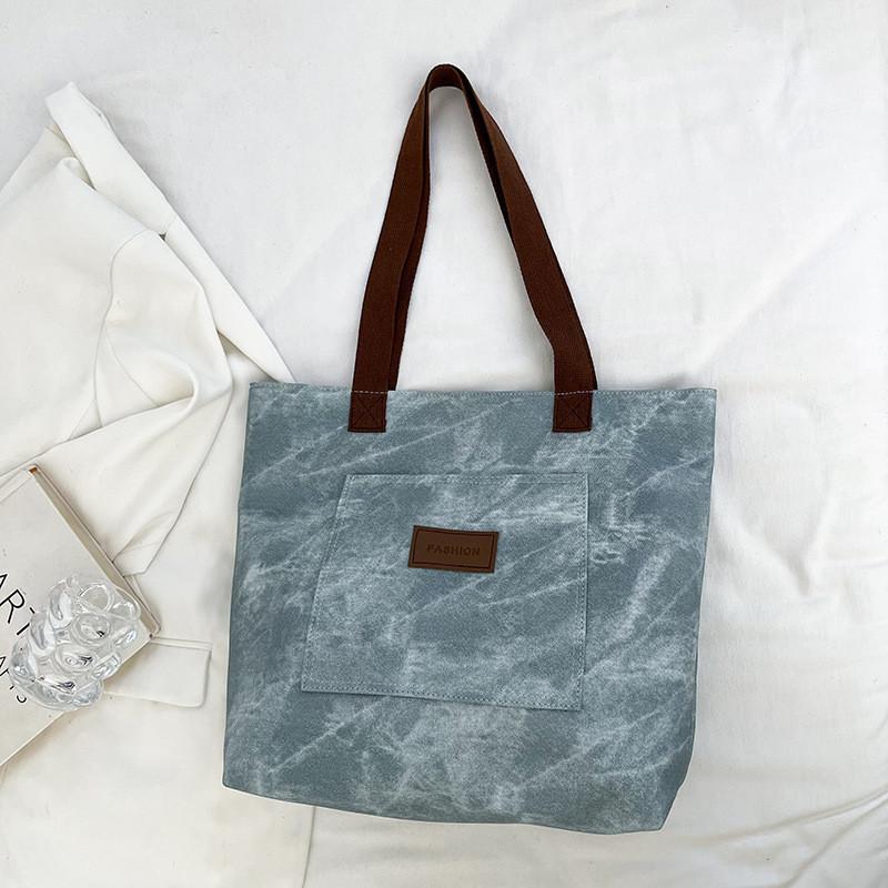 Large Capacity Canvas Tote Bag For Women With Stylish Streetwear Design In Gray Brown And Blue