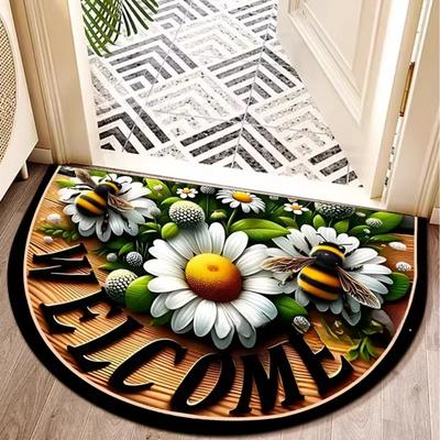 Flower and Bee Theme Half Round Rug Indoor Outdoor Doormat Living Room Bedroom Bathroom Patio Home Decoration
