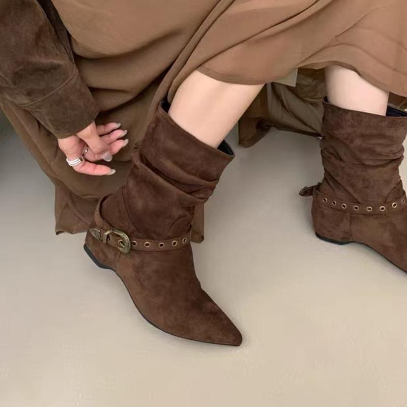 New Style Woman Ankle Boots Autumn Suede Pleated Women Pointed Toe Western Cowboy Boots Fashion Short Luxury Boots
