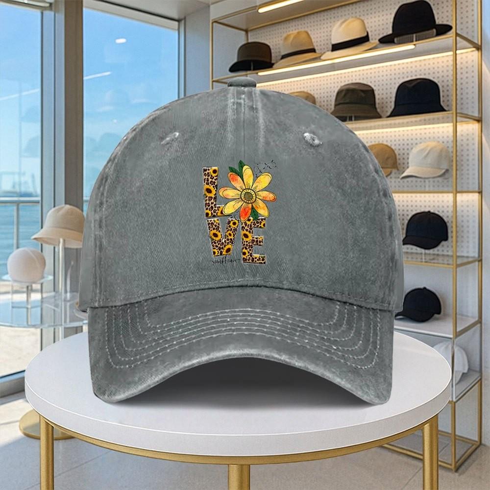 Love Sunflower Distressed Baseball Cap Washed Denim Retro Adjustable Visor Hat Casual Unisex