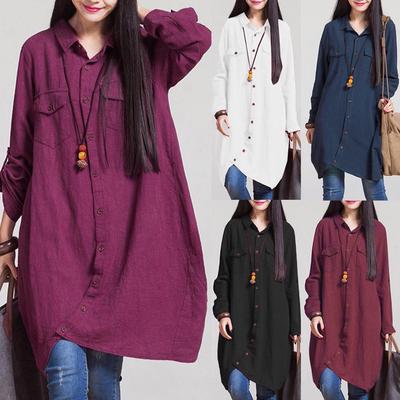 Chemisier Long en coton et lin pour femmes, ourlet irrégulier, boutons, ample, décontracté, Vintage, robe chemise haute