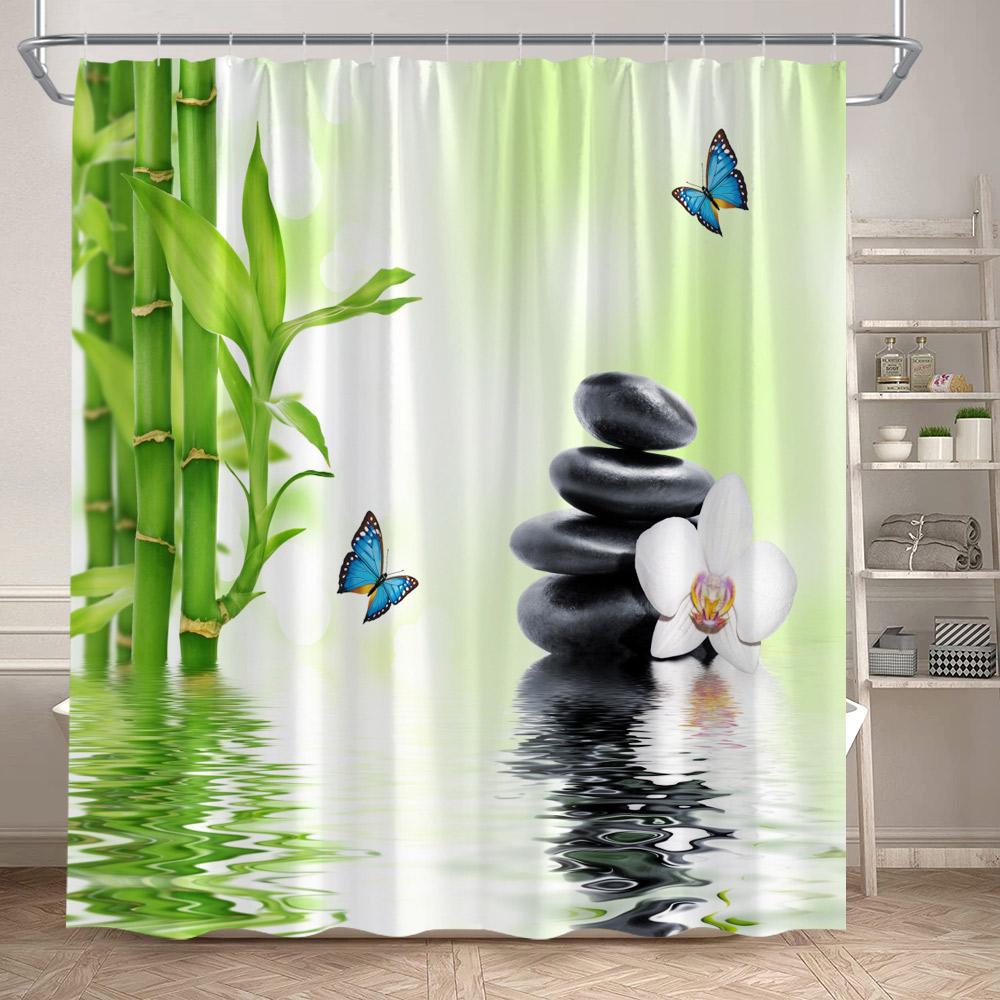 Rideaux de douche Zen Bambou Vert Orchidée Pourpre Lotus Papillon Paysage Spa Accrochage Mural Domestique Tissu Rideau de Salle de Bain Décoratif
