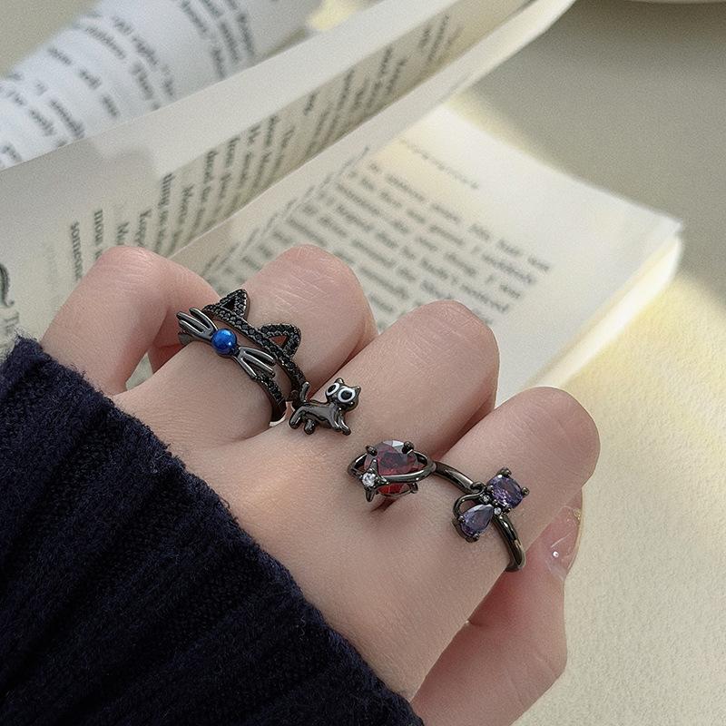 Dark Gothic Y2K Cat Full Diamond Zir*****Pen Ring Sweet Cool Niche Premium Sense Stacked Ring