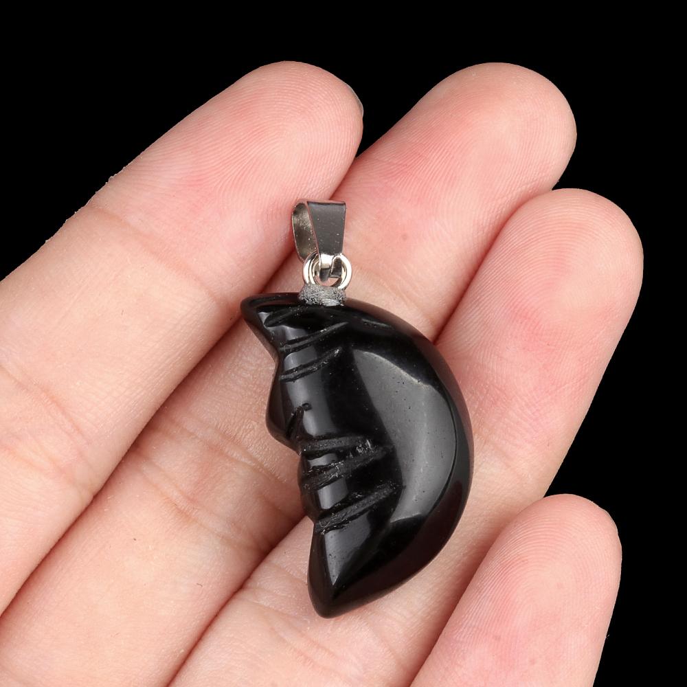 1Pc, Reiki Healing Crystal Carved Moon Face Ornament Decoration, Mini Natural Stone Quartz Gemstone Home Decor Jewelry, Halloween Gifts 26×15mm