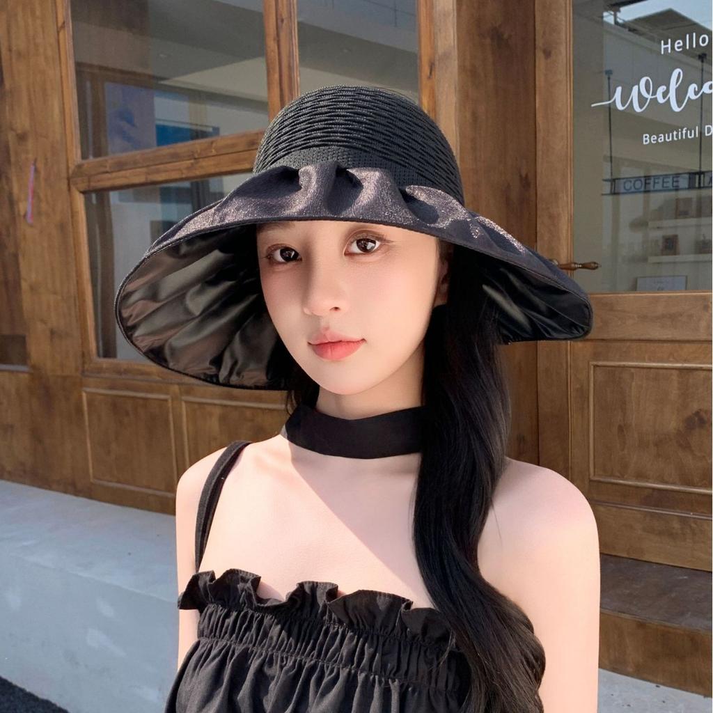 Summer Vinyl Anti-Ultraviolet Sunscreen Hat Women'S Versatile Big Brim Face Sunshade Foldable Open Ponytail Empty Top Hat