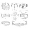 Assorted Open Cuff Bracelet Set, 8 Metal Arm and Wrist Accessories with Mixed Leaf, Wire and Chain Design Details