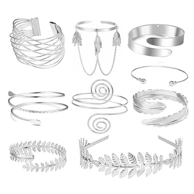 Assorted Open Cuff Bracelet Set, 8 Metal Arm and Wrist Accessories with Mixed Leaf, Wire and Chain Design Details