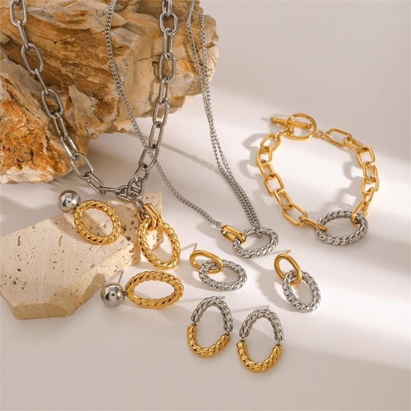 Elegant Stainless Steel Texture Jewelry Set with Round Stripes Designs Includes Necklace Earrings and Bracelet