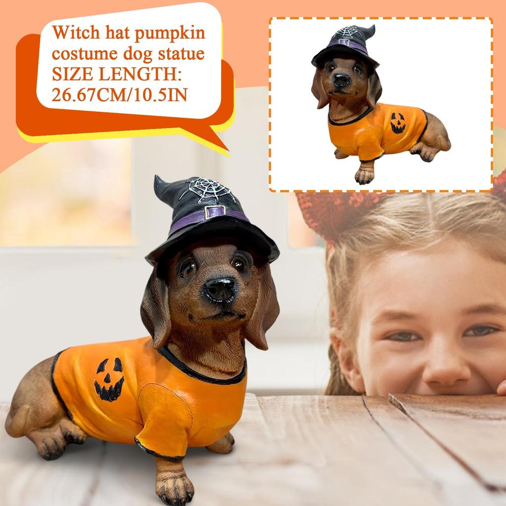 Halloween Dachshund Witch Hat Pumpkin Costume Dog Statue,Holiday Gifts For Friends