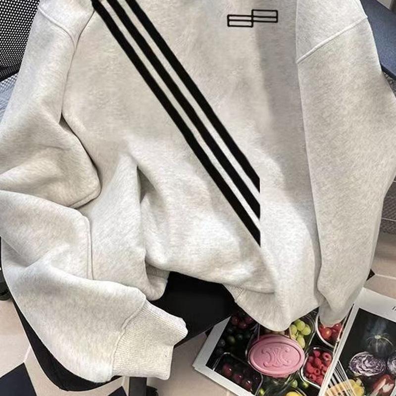 Crew neck sweater retro high street long-sleeved men's autumn and winter trend fleece thickened loose women's casual personalized top
