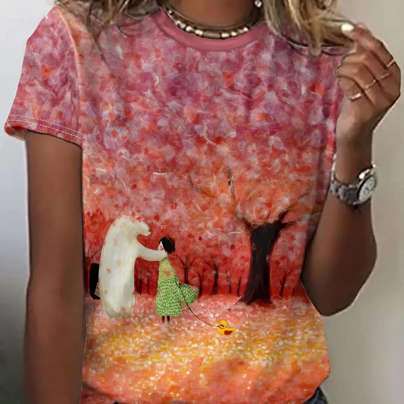 

Новая женская футболка Kawaii с мультяшным принтом лисы, топ больших размеров, женская трендовая одежда, модная рубашка с короткими рукавами, летняя футболка с круглым вырезом 2XL