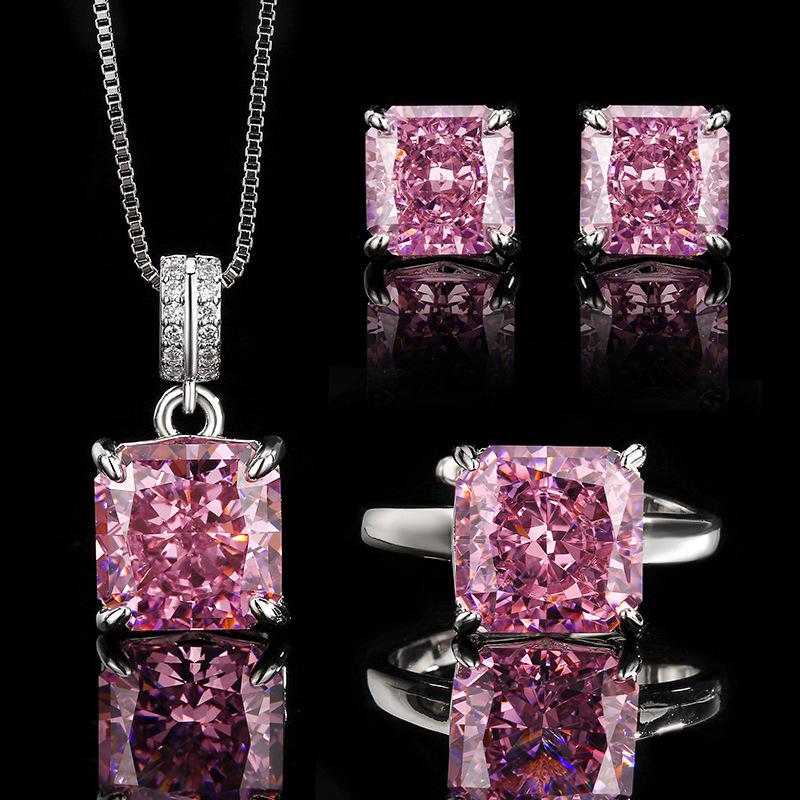 2025 Inlaid Diamond Jewelry Jewelry Set Earrings Ring Necklace Square Diamond Ice Flower Cutting Jewelry Fashion Light Luxury Women
