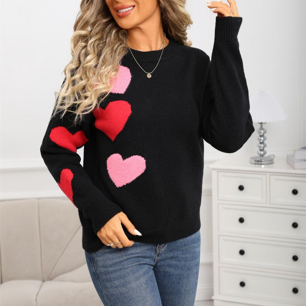 Damski modny sweter w kształcie serca, luźny i wszechstronny sweter dziergany na Walentynki