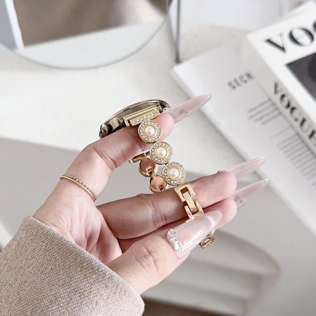 French Style Pearl Metal Chain Band for Apple Watch 11, iWatch 10987E, Huawei GT6, Xiaomi 9