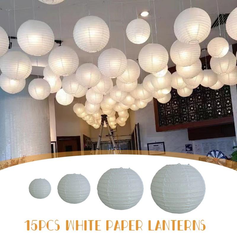 15Pcs/set White Paper Lanterns Chinese Style Hanging Ornaments Round Lantern Lamp Wedding Anniversary Birthday Party Decoration