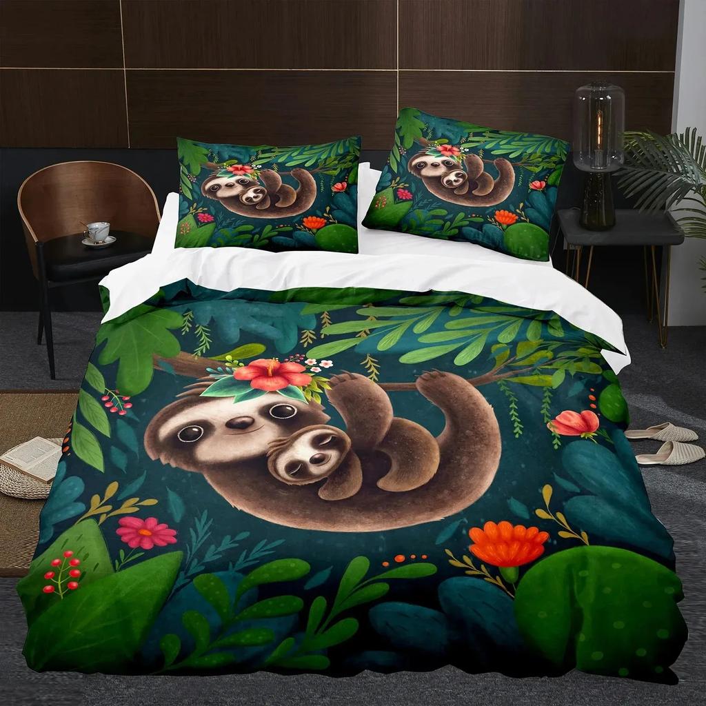 Cartoon Sloth Duvet Cover King Queen Funny Animal Bedding Set for Cool Wildlife Polyester Quilt Cover Boys Birthday