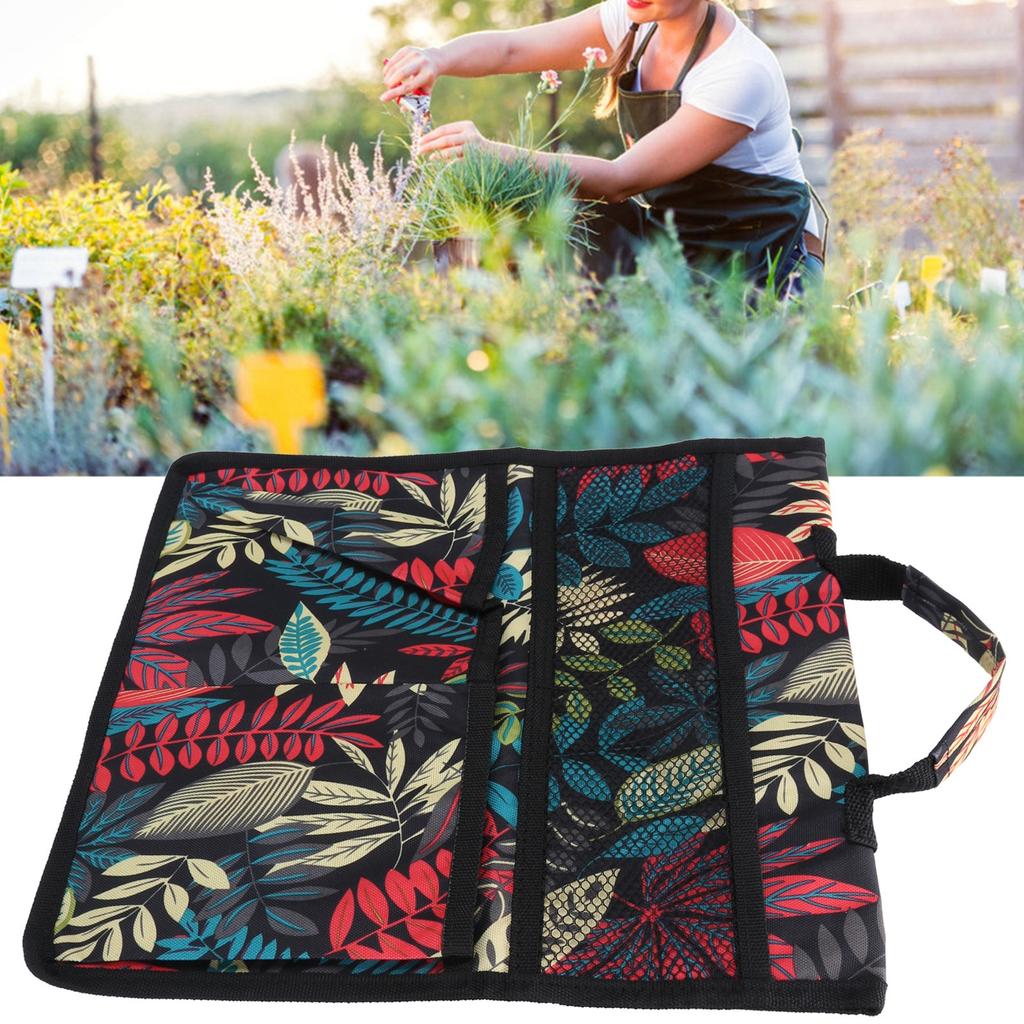 Banco Acolchoado Portátil Oxford para Jardim com Bolsa de Ferramentas Carrinho de Trabalho ao Ar Livre Bolsas Organizadoras Penduráveis Folhas Vermelhas