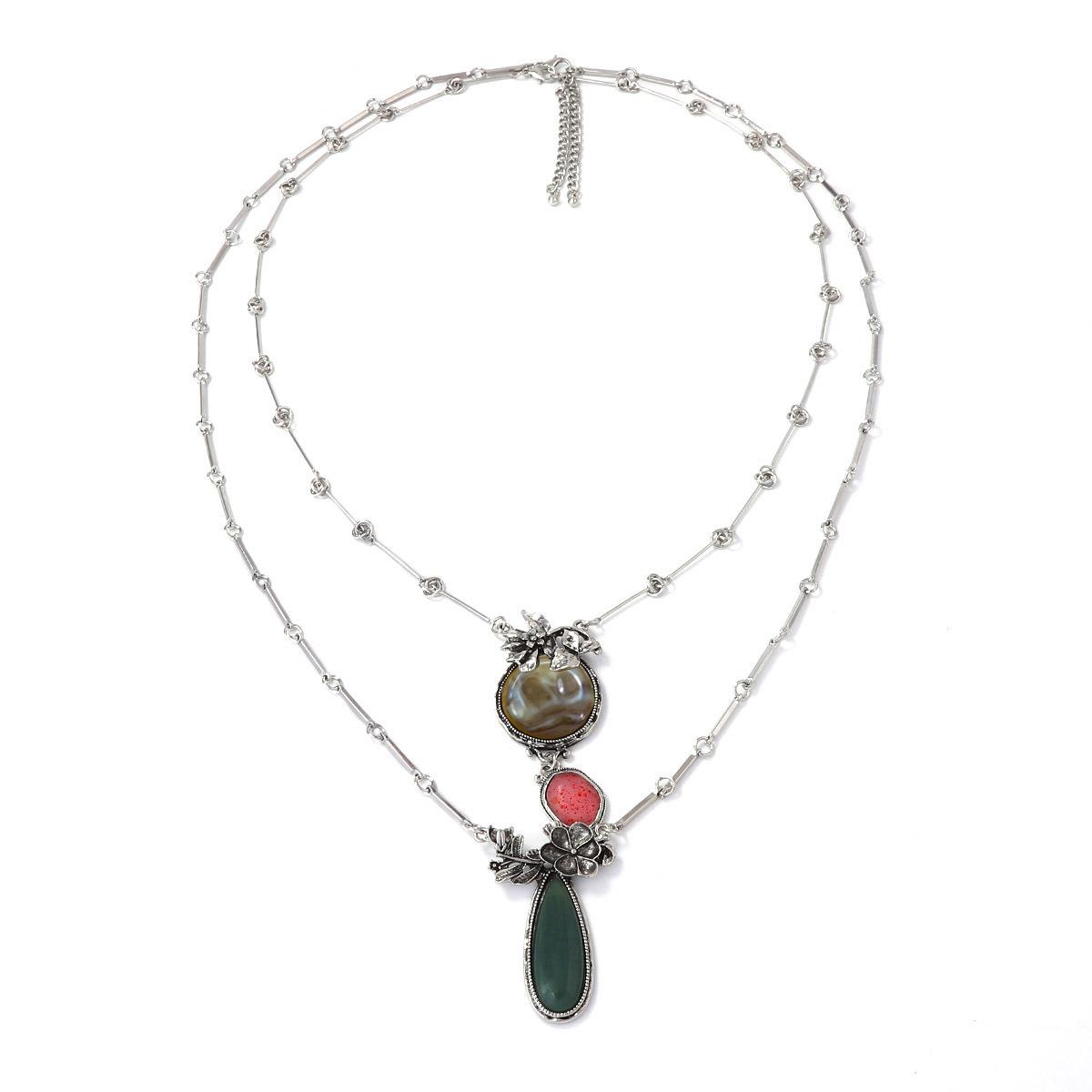 

Bohemian Ethnic Style Alloy Geometric Water Droplet Flower Inlaid Resin Gem Pendant Multi-Layer Necklace
