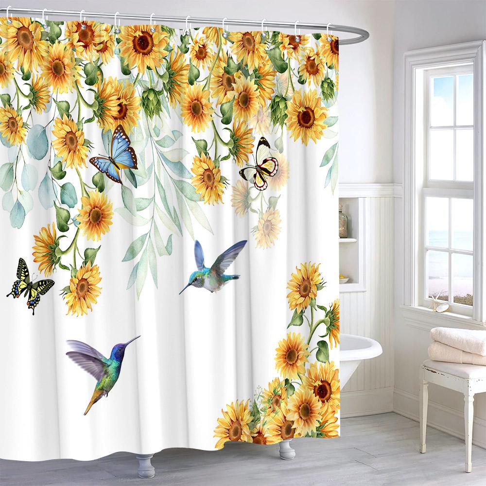 Rustic Sunflower Flower Butterfly Print Shower Curtain Vintage Floral Botanical Polyester Fabric Shower Curtains Bathroom Decor