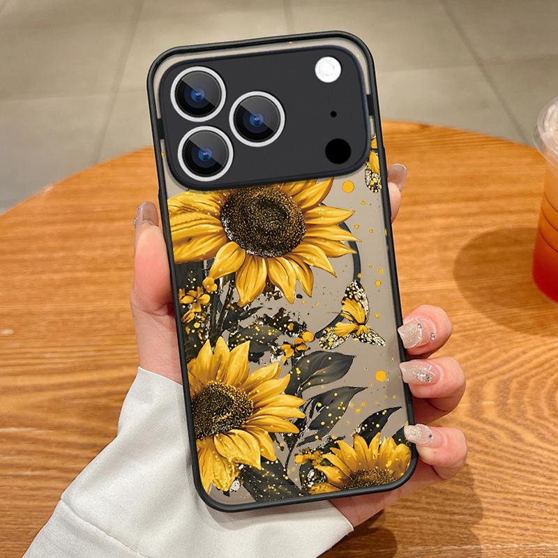 Translucent Matte Magnetic Case For iPhone 17 16 15 Pro 14 13 Pro Max 16e 17e For Magsafe Sunflower Pattern Hard PC Back Cover