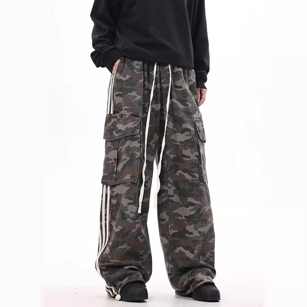 Women's Retro Camo Striped Overalls - Loose Fit, Wide-Leg, Large Pockets, Trendy Neutral Style