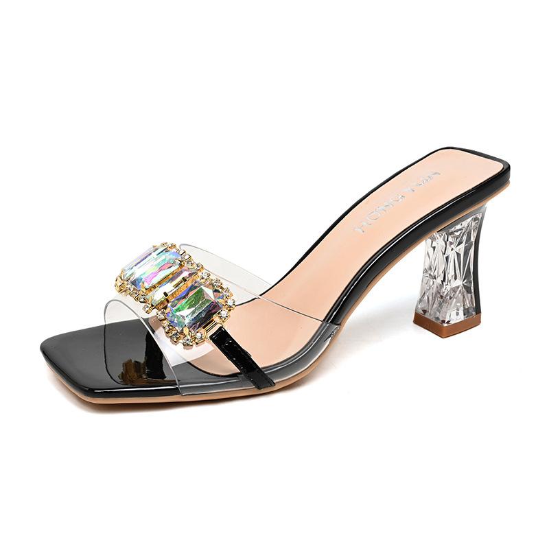 Fashion Summer Glitter Slides Shoes Women Slippers Outdoor Heeled Mules Low Jelly 2024 High Thin Basic Rubber Crystal Rome Shoes