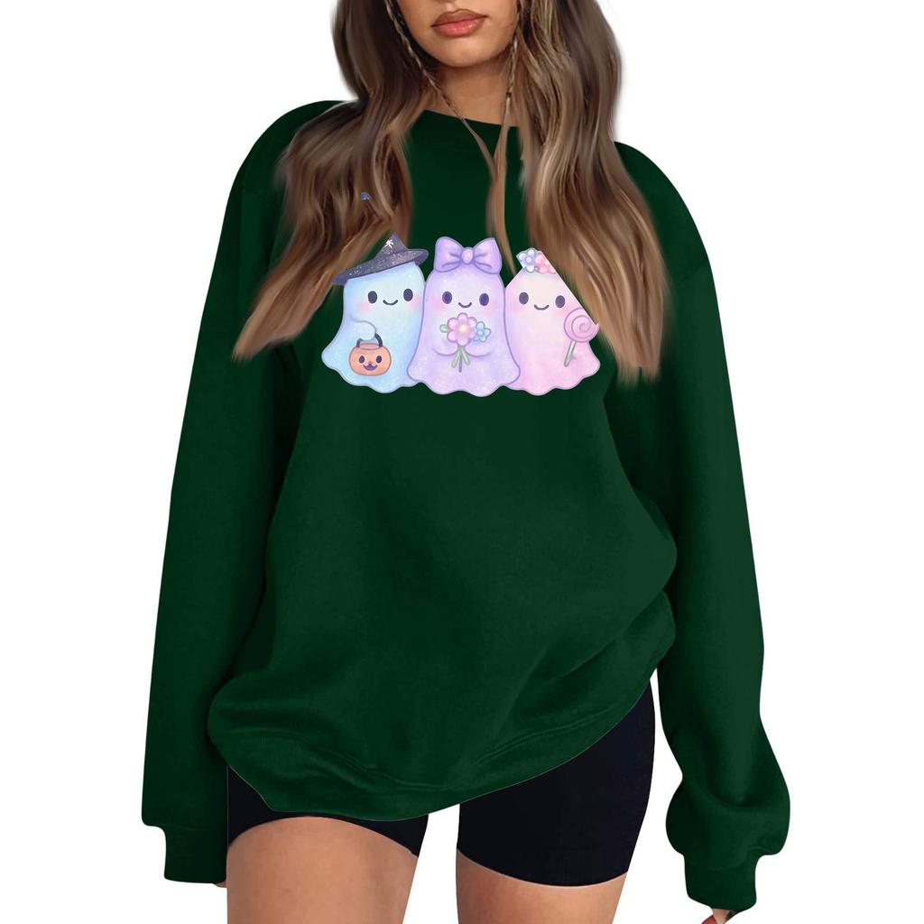 Women's Comfortable Casual Sweatshirt with Long Sleeve, Round Neck, Loose Fit, Small Halloween Print and Color Options