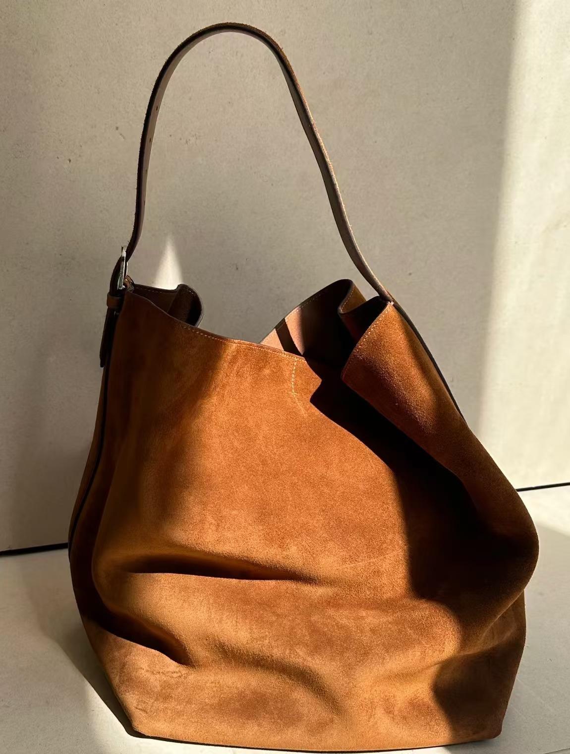 

Винтажная замшевая матовая сумка-ведро из коровьей кожи - Большая вместимость, женская сумка-тоут из натуральной кожи Large 53*29*37