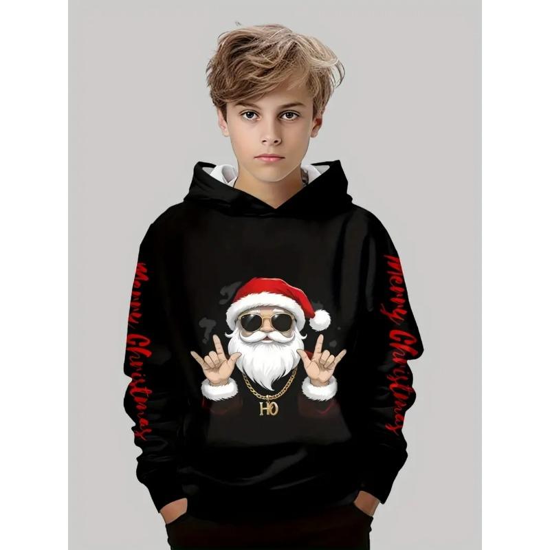 Hip Hop Santa Children's Hoodie Cute Christmas Pattern Holiday Hoodie Loose Comfortable Boys Top Lightweight Children's Clothing