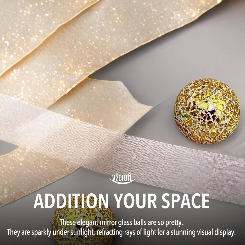 2.4 in Decorative Orbs Glass Balls Set of 6,Mosaic Sphere Globe for Whole Housewares,Wedding/Birthday,Bowls,Vases Dining Table Centerpieces (Gold)