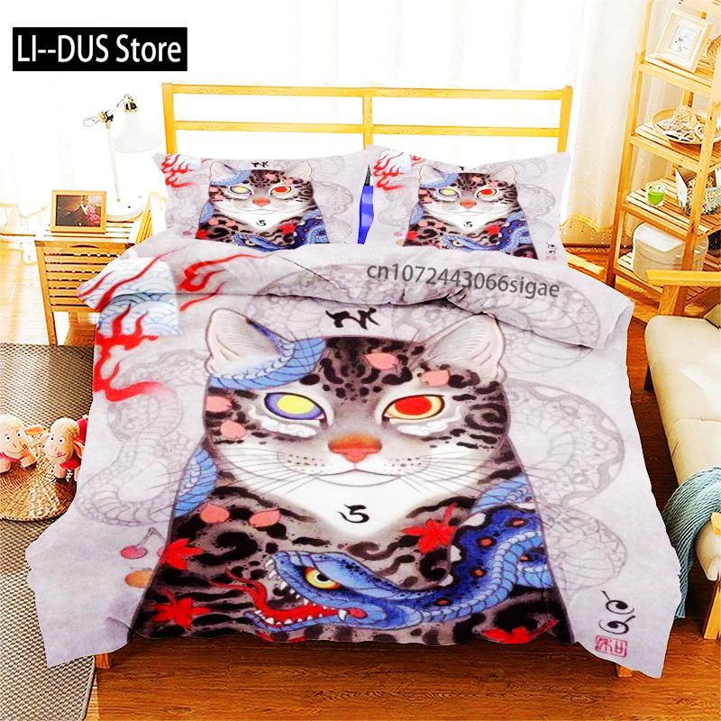 Phechion Samuray Kedi Dövmesi 3D Baskı Yatak Takımı Yorgan Kılıfları Yastık Kılıfları Tek Parça Yorgan Yatak Takımları Yatak Örtüsü Yatak K580