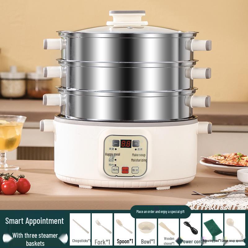 Vaporiera Elettrica a Tre Piani: Multifunzionale, Spegnimento Automatico, Grande Capacità, Timer, Pentola Elettrica Multi-livello, Cestello per Cottura a Vapore
