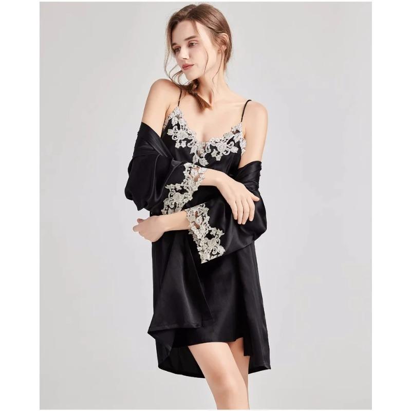 2pcs Woman Sexy Pajamas Sleepwear Set Lace Robe Nightdress Lingerie Bathrobe 100% Silk Satin Home Clothes Nightwear for Ladies