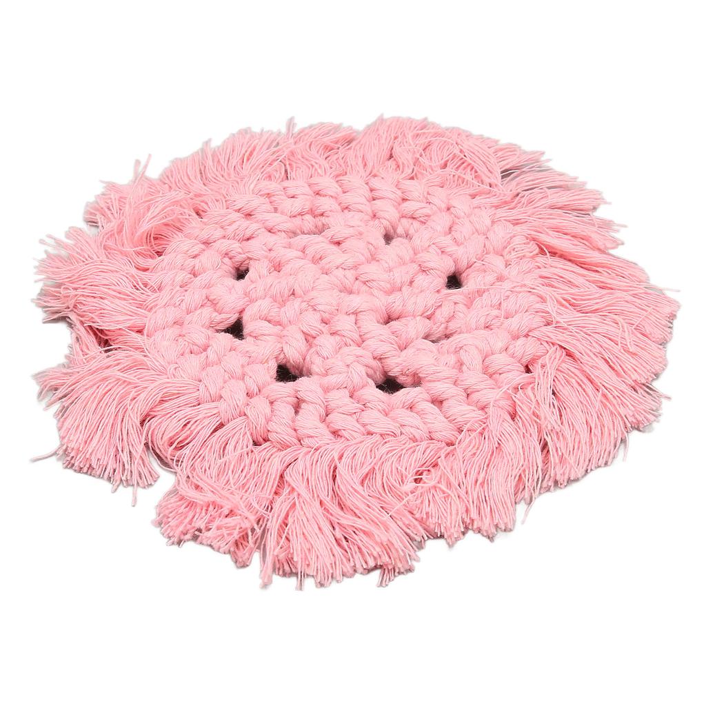 4pcs Cotton Thread Woven Drink Coasters with Tassel Round Pure Color Elegant Lipstick Pot Pads Mats