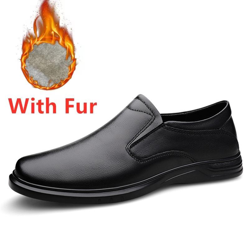 Fashion Genuine Leather Men's Warm Winter Shoes Formal Dress Loafers Casual Soft Mens Business Shoes Comfortable Non-slip Driving Shoes