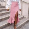 VONDA Elegant Women Ruffled Zip-up Waist Side Splits Irregular Casual Party Skirts Dress
