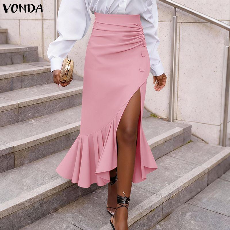 VONDA Elegant Women Ruffled Zip-up Waist Side Splits Irregular Casual Party Skirts Dress
