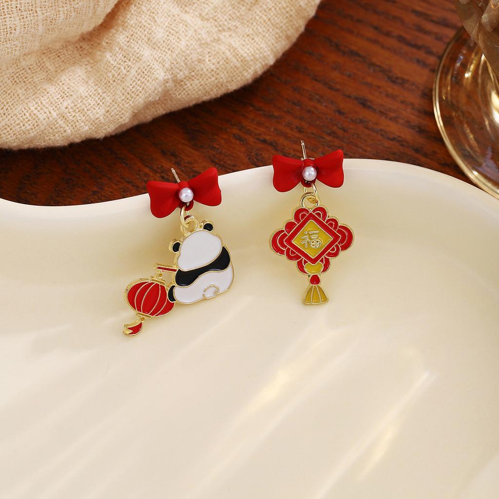New Year'S Chinese Knot Lantern Cute Panda Earrings, Chinese Style Gong Xi Fa Cai Lucky Bag Pearl Earrings Women
