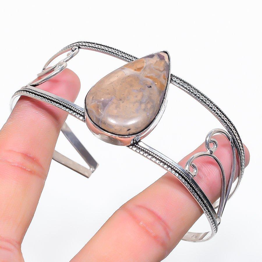 Fossil Coral Gemstone 925 Sterling Silver Cuff Bangle Adjustable
