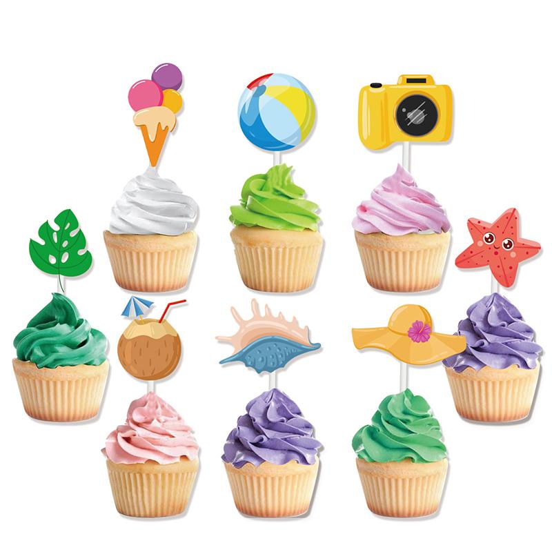 12pcs Summer Beach Hawaii Cupcake Toppers Sun Umbrella ball Cake Toppers  Hawaiian Pool Theme Birthday Party Cake Decorations
