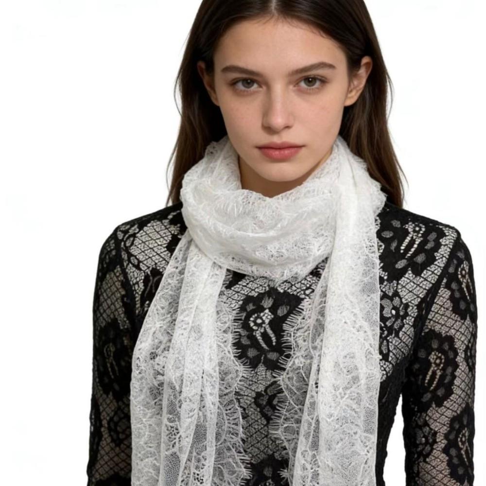 Solid Color Lace Scarf Long Decorative Scarf Elegant Flower Embroidered Veil