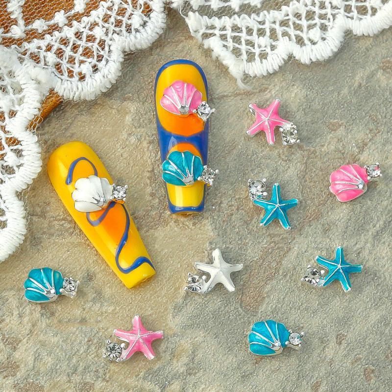 10Pcs Ocean Starfish Shell Nail Charms Nail Rhinestones 3D Diamond Alloy Nail Art Decoration DIY Manicure Nail Part Salon Summer