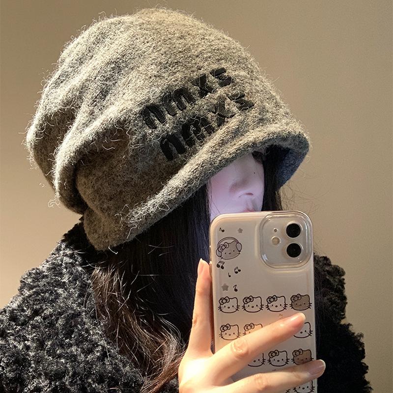 Wool knitted gray cold hat women's autumn and winter warm ear protection face small pile hat big head circumference bag head hat