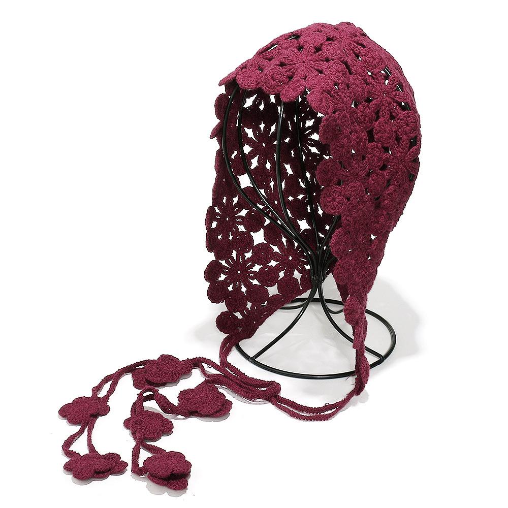 Ethnic style hand-woven hollow fringed hat Bohemian flower crochet knitted hat pullover head hat female